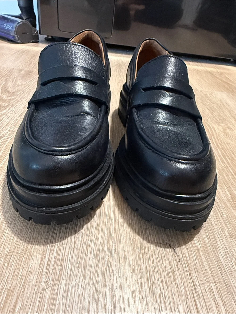 Black Leather Penny Loafers for Women